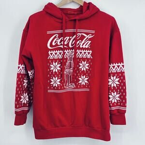 Coca-Cola Graphic Hoodie Mens Pullover Fleece Vintage Style FairIsle Red Medium